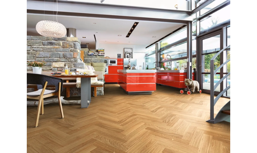 MEISTER Parkett longlife PS 400 Eiche harmonisch 8042 Fischgrätdiele verlegt in einer offenen Küche