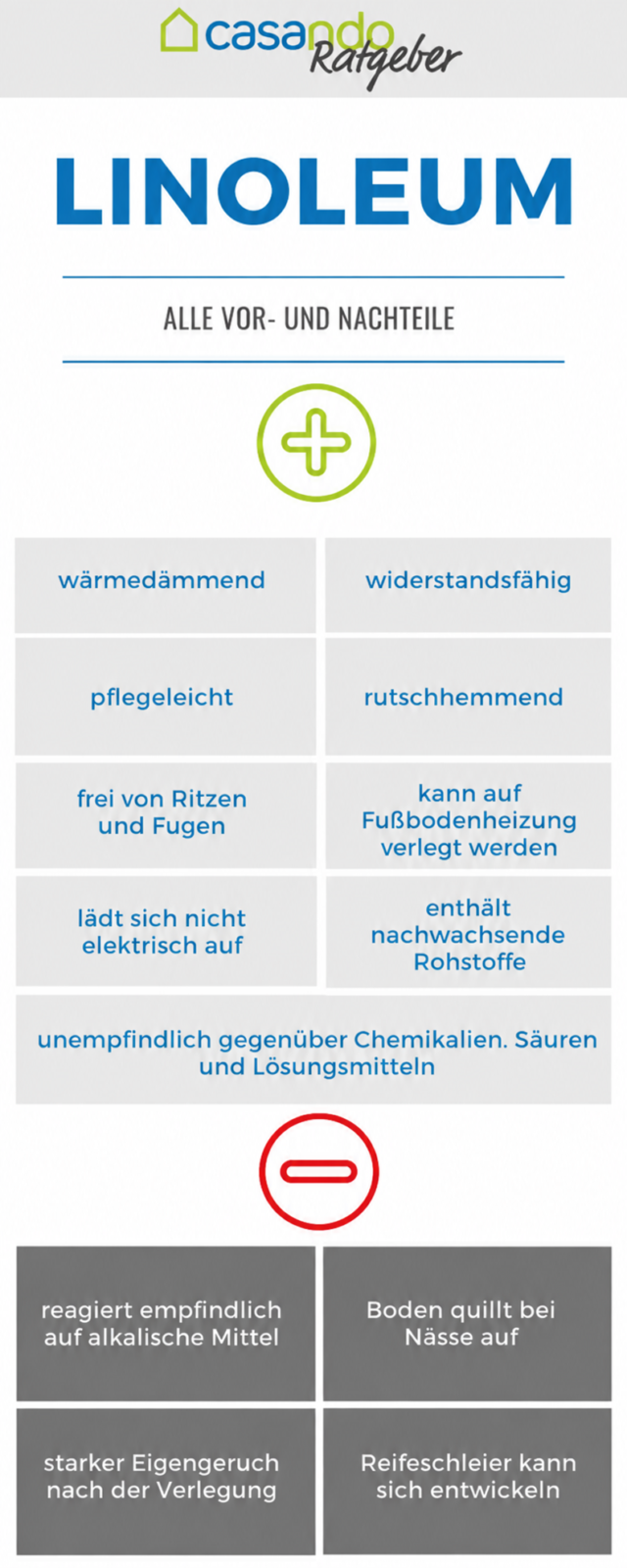 Infografik auf Deutsch zu Vorteilen und Nachteilen von Laminat mit Icons.
