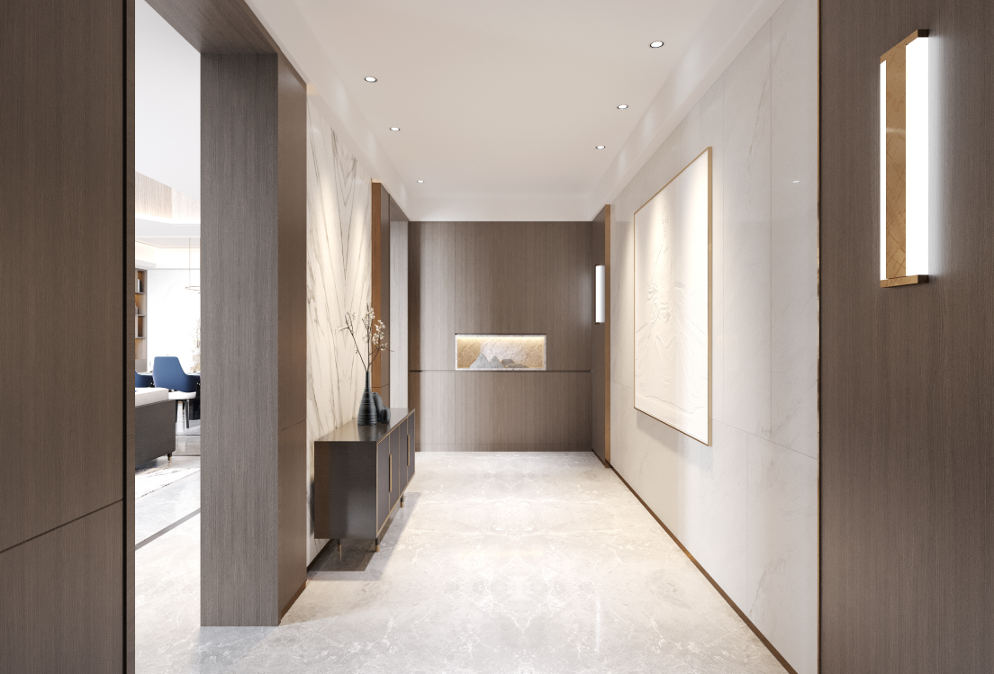 Flur mit hellem Flurboden aus Marmor, Holzelementen und an der Wand befestigten Kunstwerken.