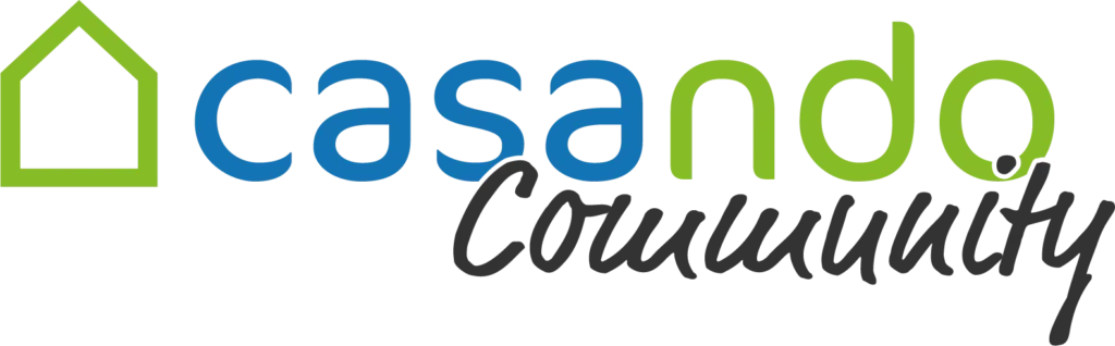 Grünes Hausumriss-Logo mit "casando Community" und Standard-Kit-Text in Blau und Grün.