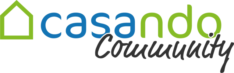Grünes Hausumriss-Logo mit "casando Community" und Standard-Kit-Text in Blau und Grün.