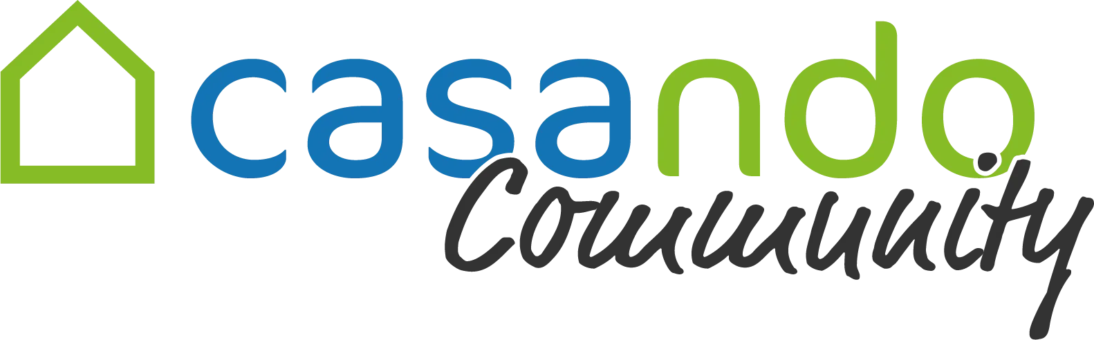Grünes Hausumriss-Logo mit "casando Community" und Standard-Kit-Text in Blau und Grün.