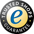 Trusted Shops-Garantie-Plakette mit einem blauen Kleinbuchstaben e in der Mitte auf weißem Grund.