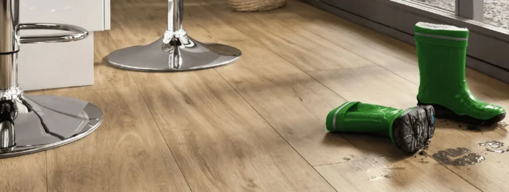 Grüne Regenstiefel auf Vinylboden mit schlammigen Fußspuren neben silbernen.
