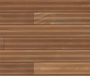 Braune Terrassendielen aus Hartholz, die im Außenbereich horizontal in einem regelmäßigen geometrischen Muster angeordnet sind.