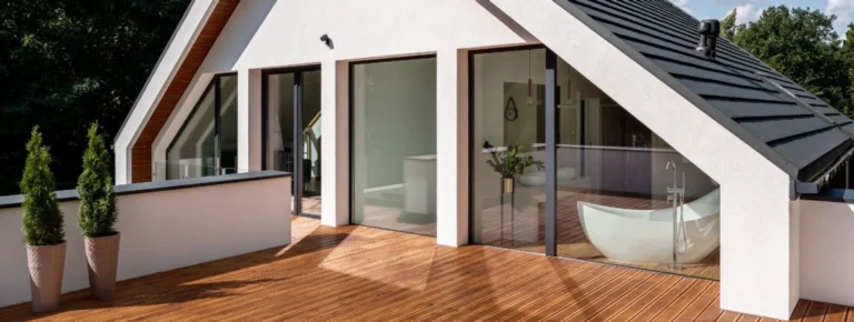 Dachterrasse mit Holzbrettern, großen Glasfenstern und grünen Topfpflanzen.