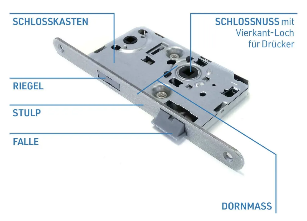 Diagramm zeigt ein Türschloss mit Riegel und Falle, deutsch beschriftet, neutrale Farben.