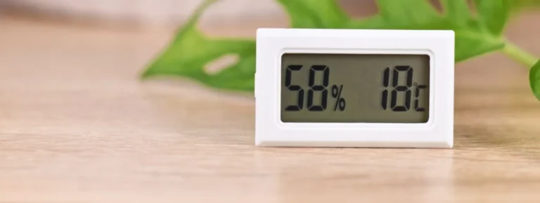 Digitales Hygrometer misst Luftfeuchtigkeit und Temperatur auf einem hellen.