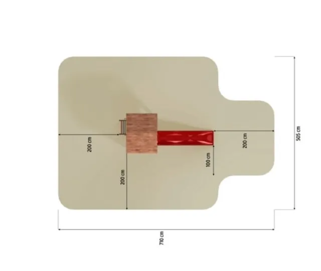 Draufsicht auf ein Diagramm einer Spielplatzrutsche mit gemessenen Abmessungen in Zentimetern.