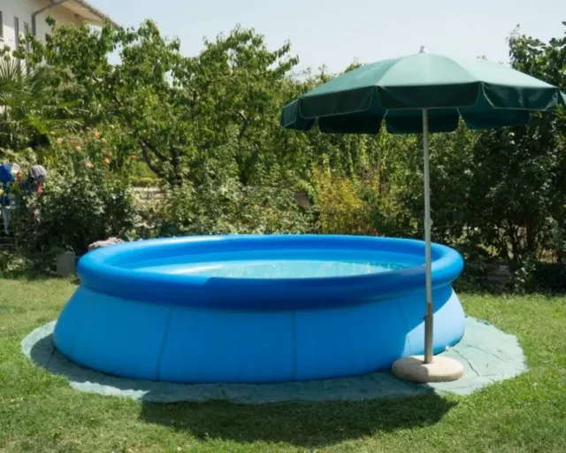 Ein blauer oberirdischer Pool und ein grüner Sonnenschirm, die auf dem Rasen eines Hinterhofs aufgestellt sind.