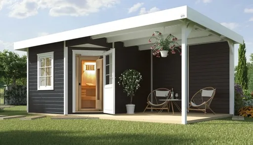 Ein modernes Gartenhaus mit offener Terrasse, Sitzbereich und Grünpflanzen im Freien.