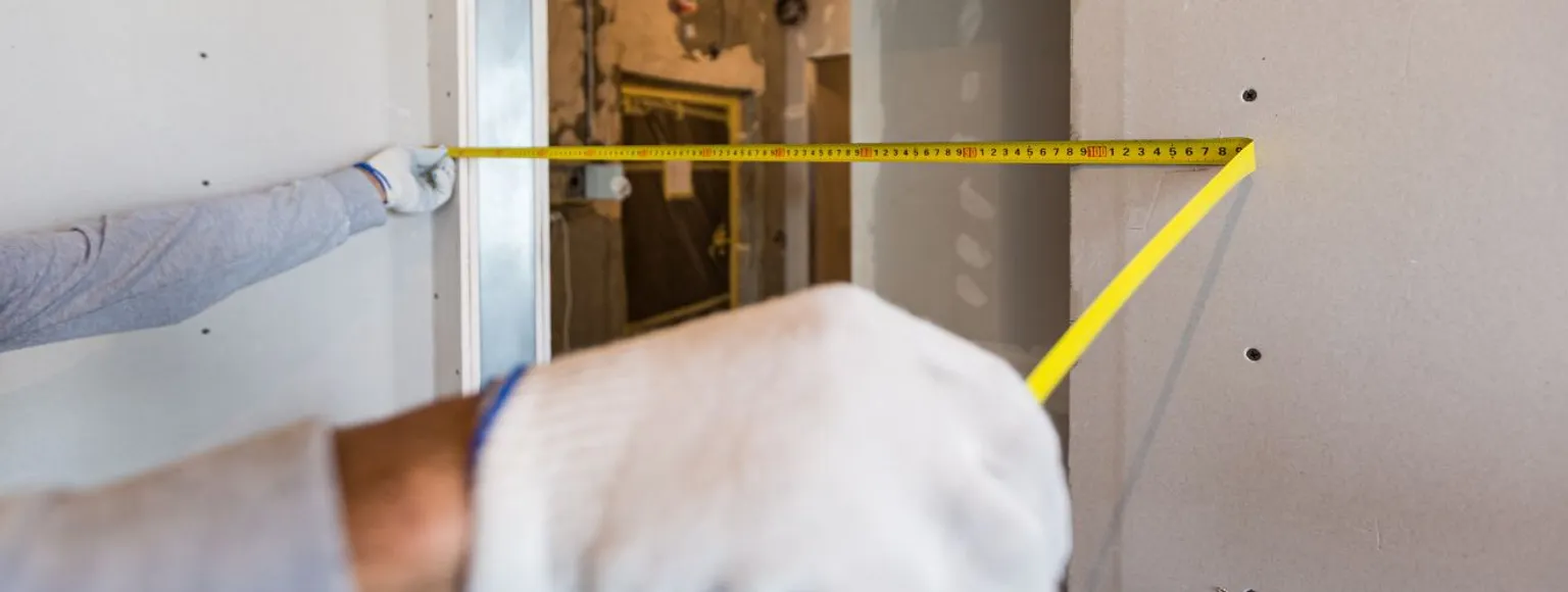 Eine Person mit Arbeitshandschuhen misst eine Trockenbauwand mit einem Maßband in der Nähe einer Türöffnung aus.