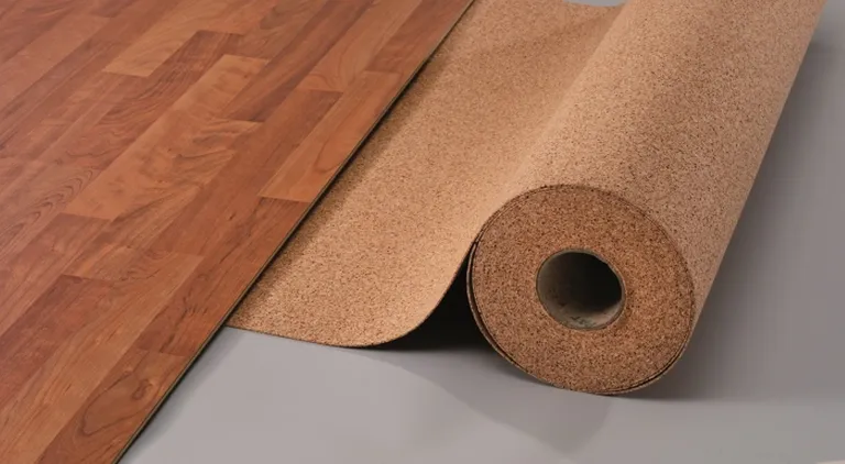 Eine Rolle Akustikunterlage neben Holzlaminat auf einer hellgrauen Bodenfläche.