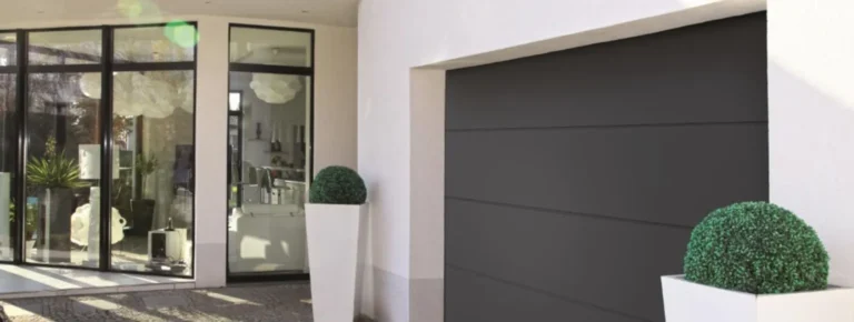 Eingang modernes Haus mit Glasfenstern, Garagentor und Grünpflanzen