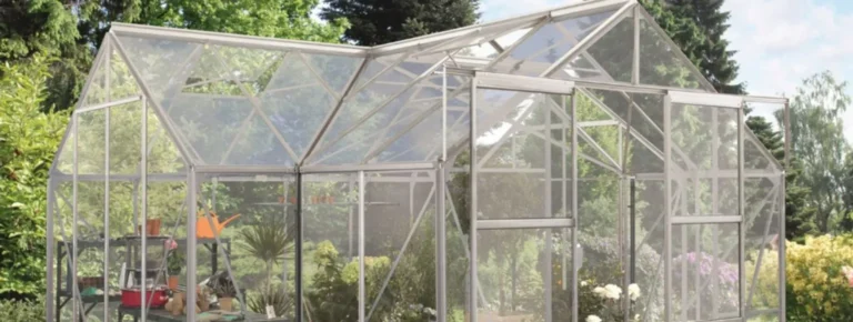 Glas-Gewächshaus mit verschiedenen grünen Gartenpflanzen im Außenbereich.