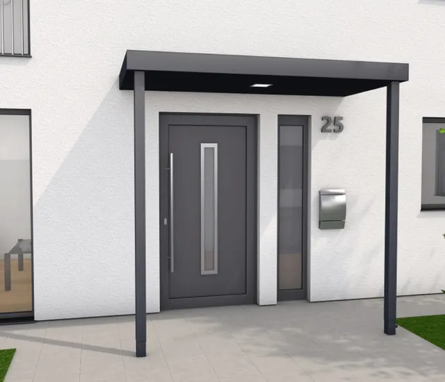Graue Haustür mit passendem Vordach, Hausnummer 25 und Briefkasten am Eingang.