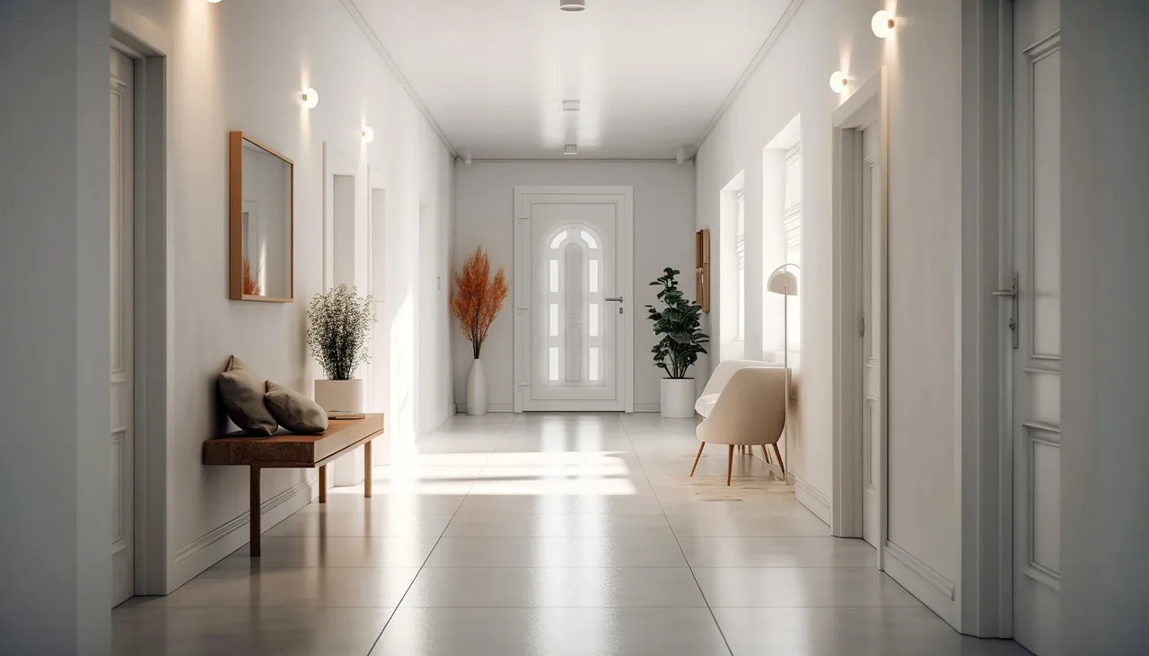 Heller Flur mit Holzbank, grünen Pflanzen und weißer Haustür in modernem Wohnhaus.