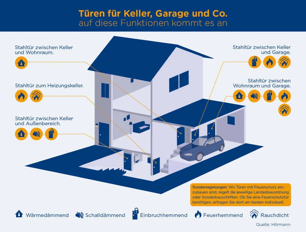 Illustration eines Hauses mit Kellertüren, Brandschutztüren, Umfassungsmauern und Eingangsbereich.