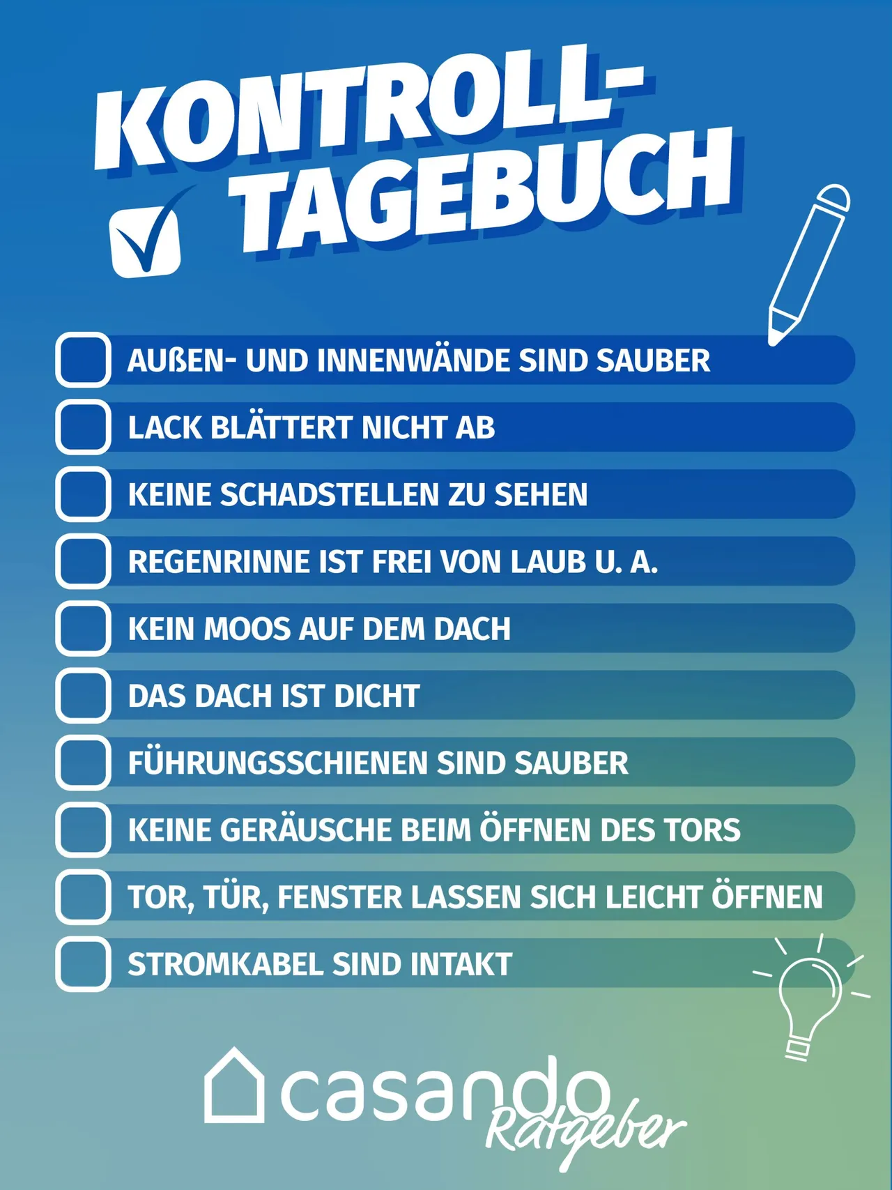 Kontrolltagebuch-Checkliste zur Objektinspektion von Holzgaragen, casando Logo sichtbar.