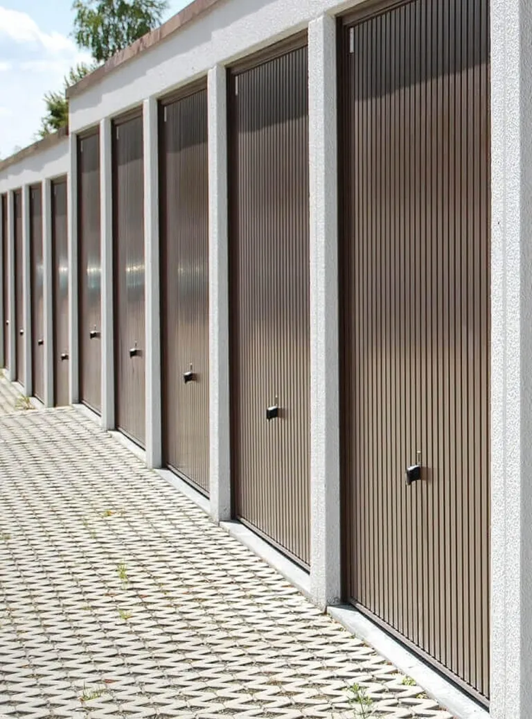 Mehrere braune Garagentore reihen sich neben einer gefliesten Einfahrt bei klarem, sonnigem Tageslicht auf.