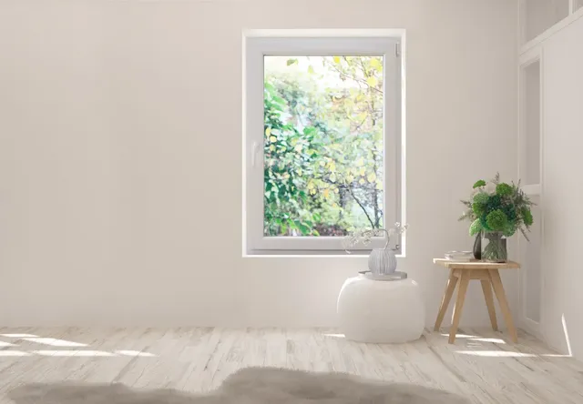 Minimalistische Einrichtung mit holzgerahmtem Fenster, Grünpflanzen, Hocker und Sonnenlicht auf dem Boden.