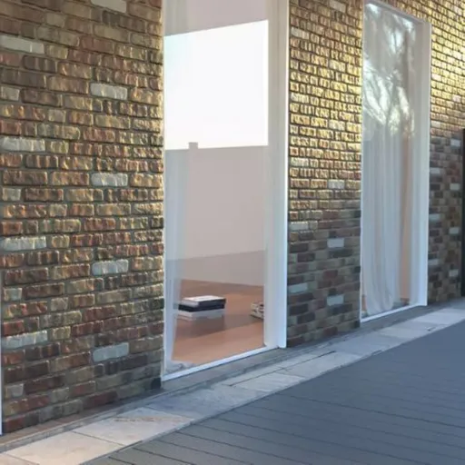 Modernes Interieur mit Backsteinmauer, Glastüren, transparenten Vorhängen und hellem Holzfußboden.