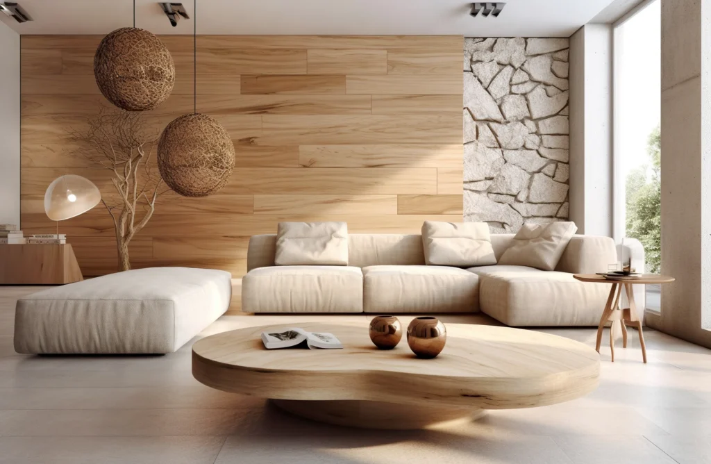 Modernes Wohnzimmer mit beigem Sofa, Couchtisch und Wandpaneelen bei der Installation.