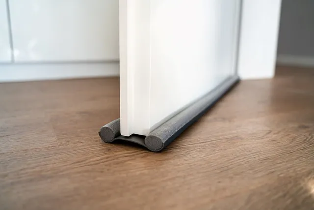 Nahaufnahme einer hellen Holztür mit einem grauen Zugluftstopper, der die Unterkante abdichtet.