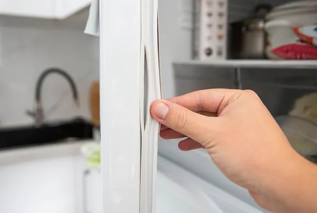 Person, die in einer modernen Küche die Dichtung der weißen Kühlschranktür auf Dichtigkeit überprüft.