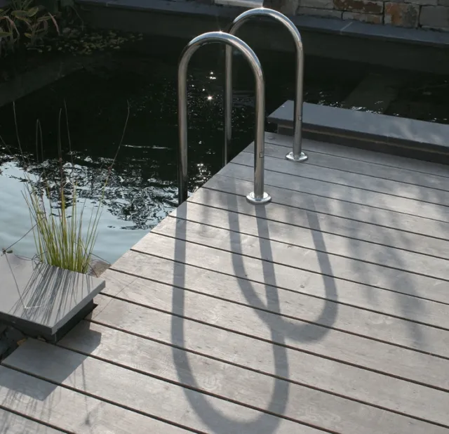 Poolleiter aus Metall mit Schatten auf braunem Hartholzbelag neben einem dunklen Schwimmbecken.
