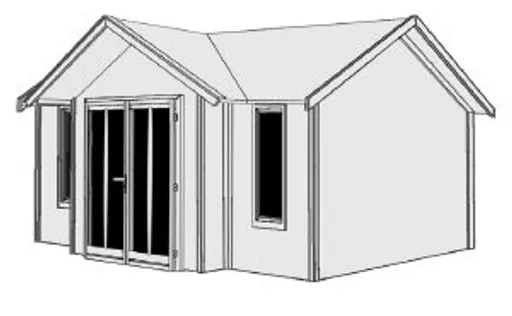 Schwarz-Weiß-Abbildung eines Gartenhauses mit Doppeltüren und zwei Fenstern.