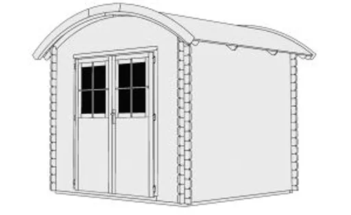 Schwarz-Weiß-Illustration eines Gartenhauses mit Doppeltüren und einem geschwungenen Dach.