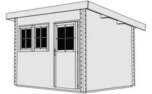 Schwarz-Weiß-Linienillustration eines Gartenhauses mit zwei Fenstern, einer Tür, ohne Hintergrund.