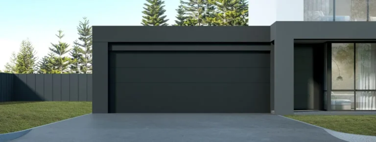 Schwarzes Garagen-Sektionaltor in einem minimalistischen Haus mit Bäumen.