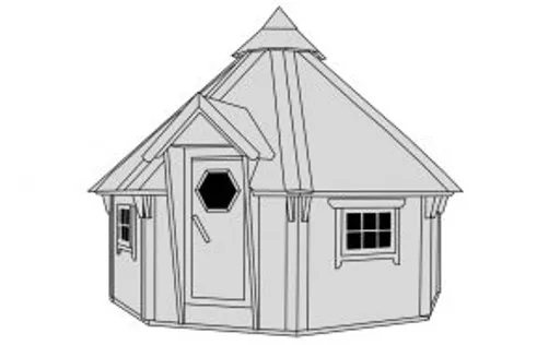 Skizze eines kleinen Gartenhauses mit Tür und zwei Fenstern, Umrisse auf weißem Grund.