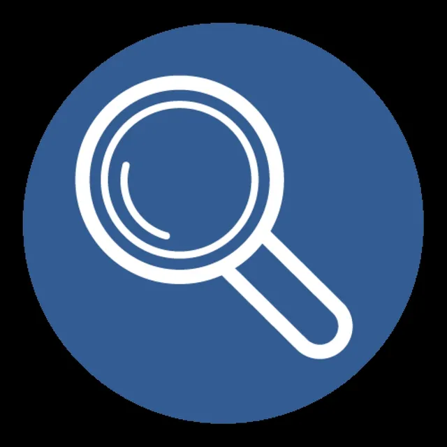Weißes Lupensymbol, zentriert auf einem einfarbig blauen Kreishintergrund, der die Suche darstellt.