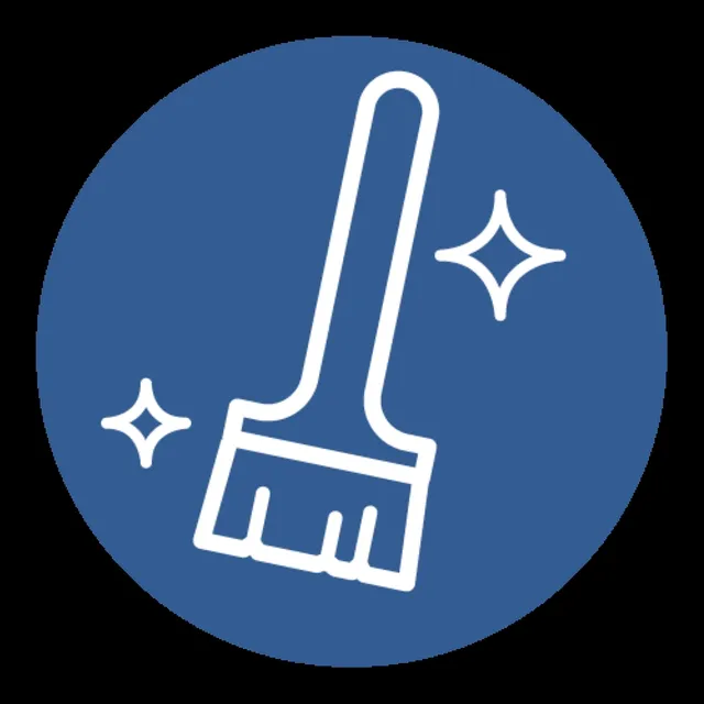 Weißes Reinigungspinsel-Symbol mit kleinen Glitzern auf einem soliden blauen kreisförmigen Hintergrund.