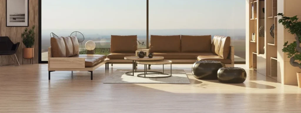 Wohnzimmer mit hellbraunen Sofas runden Tischen und hellem Bodenbelag.