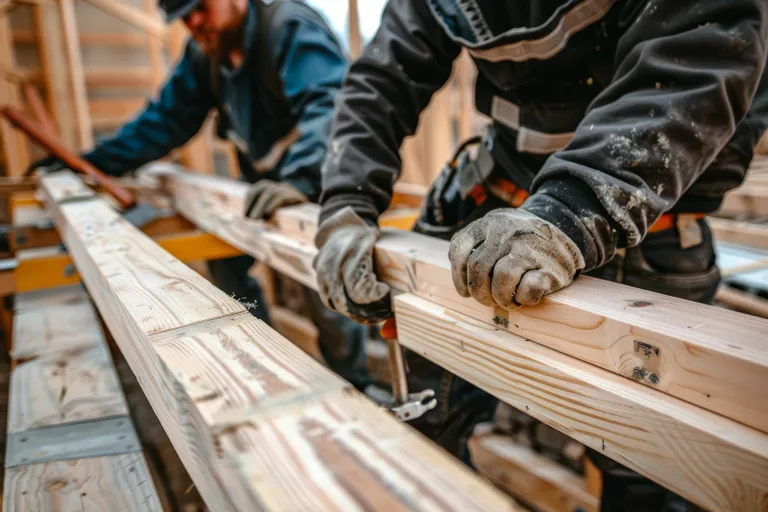 Zwei Personen mit Arbeitshandschuhen montieren auf einer ebenen Fläche Holzbalken für ein Gartenhaus.