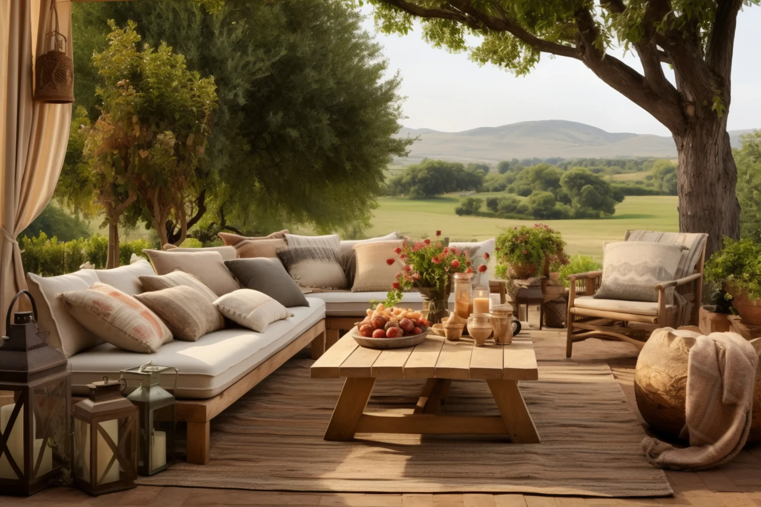 Außenterrasse mit beigen Sofas, hölzernem Couchtisch und Landschaft im Hintergrund.