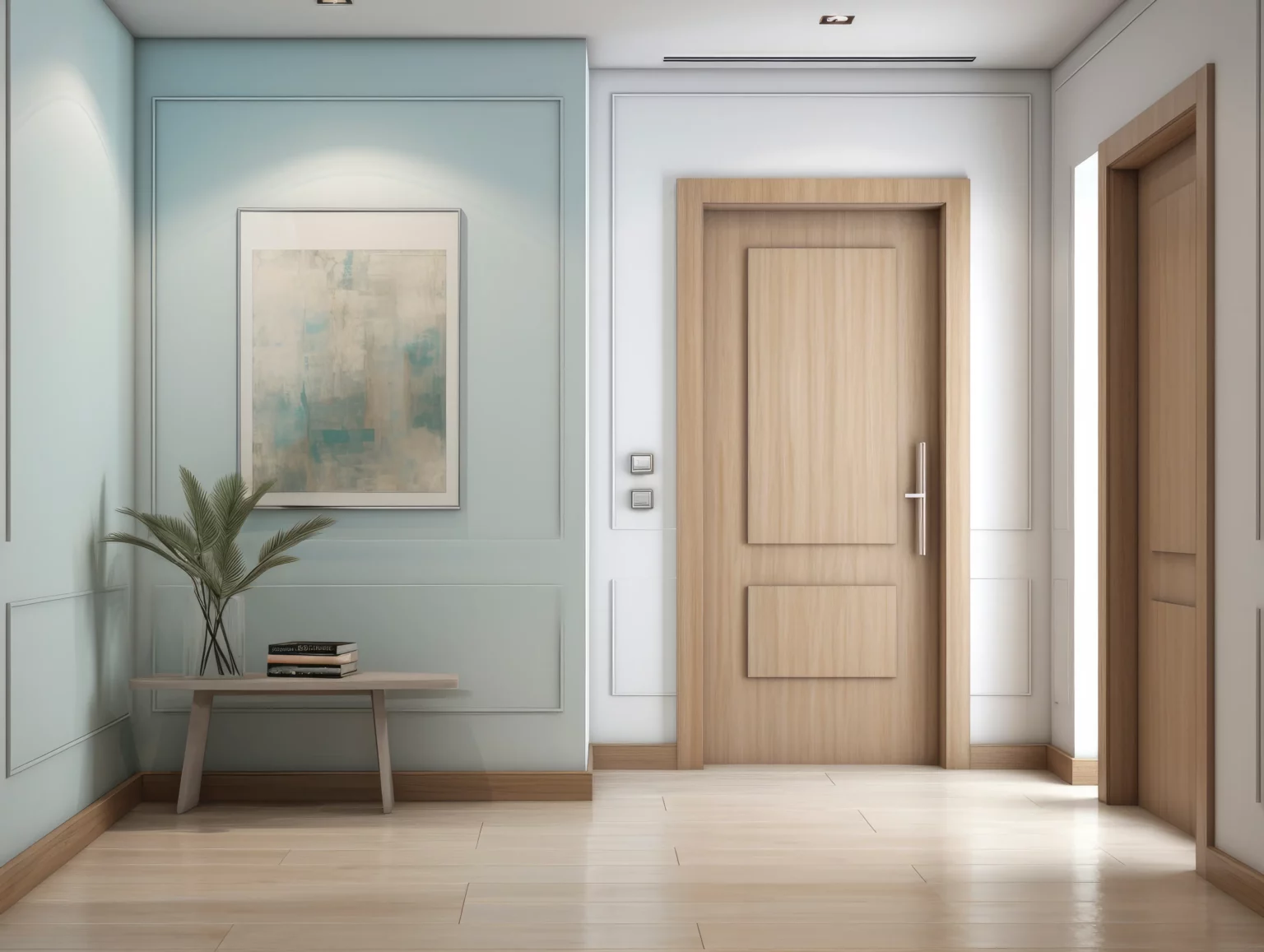 Auf dem Bild ist ein minimalistischer Flur zu sehen, der mit hellem Holzfußboden ausgestattet ist. Eine geschlossene Holztür befindet sich auf der linken Seite des Bildes. Die Wand rechts davon ist in einem sanften Blau gestrichen und wird durch ein großes, abstraktes Gemälde dekoriert, das farblich aus mehreren dezenten Tönen besteht. Vor der blauen Wand steht eine schmale Bank, die eine mittelgroße Topfpflanze trägt. Die Pflanze hat grüne Blätter und verleiht dem Raum einen natürlichen Akzent. An der Decke sind eingelassene Leuchten, die für gleichmäßige Beleuchtung im Flur sorgen und den Raum freundlich wirken lassen. Insgesamt vermittelt das Bild ein Gefühl von Ruhe und Einfachheit in einem gut gestalteten Wohnbereich.