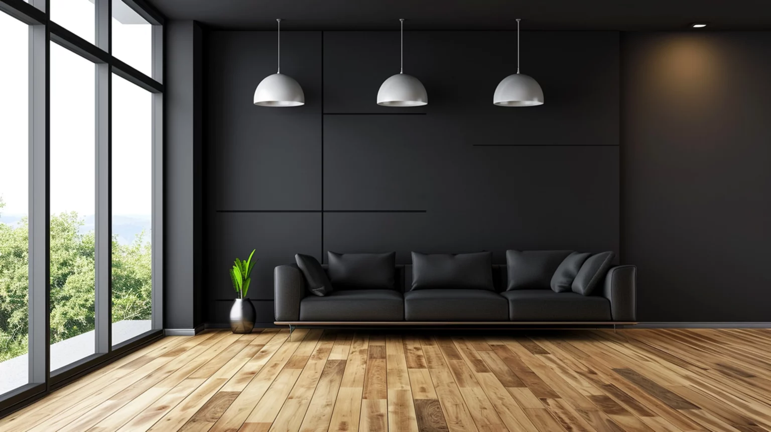 Ein modernes Wohnzimmer präsentiert eine dunkelgraue Couch, die vor einer mattschwarzen Akzentwand mit geometrischen Mustern steht. Darüber hängen drei kuppelförmige Pendelleuchten. In der Nähe der Ecke befindet sich eine Topfpflanze. Der Boden besteht aus Holz und durch ein großes Fenster ist im Hintergrund grüne Vegetation zu sehen.