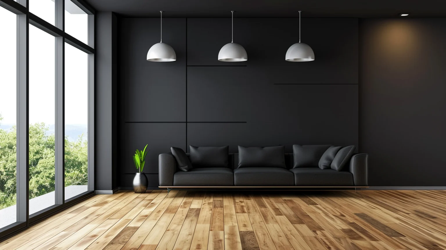 Modernes Wohnzimmer mit schwarzem Sofa, Hängeleuchten und Holzfußboden.
