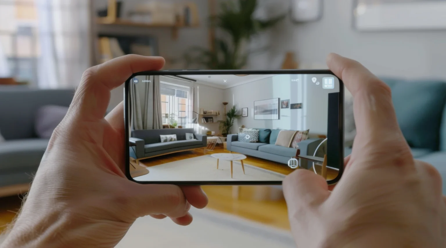 Zwei Hände halten ein Smartphone, um ein lichtdurchflutetes modernes Wohnzimmer zu fotografieren.