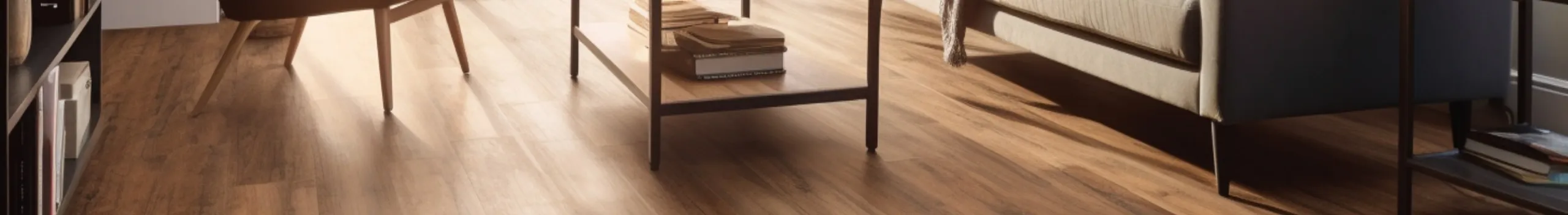 Ein hölzerner Couchtisch mit Büchern steht auf einem hellbraunen Holzfußboden in einem Wohnbereich.