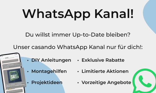Das Bild zeigt eine Werbegrafik für einen WhatsApp-Kanal von casando, einer Firma, die sich auf Haus- und Gartenthemen spezialisiert hat. Auf der Grafik sind mehrere deutschsprachige Textphrasen abgebildet, die verschiedene Vorteile und Inhalte des Kanals hervorheben. Dazu gehören Angebote wie „auf dem laufenden bleiben“ und „DIY-Anleitungen“, sowie Hinweise auf exklusive Rabatte, Unterstützung bei Installationen, zeitlich begrenzte Angebote sowie Projektideen. Darüber hinaus wird auch die Möglichkeit erwähnt, später von Deals zu profitieren. In der unteren rechten Ecke ist das bekannte grüne WhatsApp-Logo abgebildet, das den Kommunikationskanal deutlich kennzeichnet. Die Hintergrundfarben der Grafik kombinieren beruhigende Töne in Grün- und Weißnuancen, was einer Assoziation mit Garten- und Heimwerkeraktivitäten nahelegt. Es gibt keine Abbildung von Personen oder interaktiven Elementen; Der Fokus liegt vollständig auf den informativen Texten zur Vermarktung des Kanals durch casando.