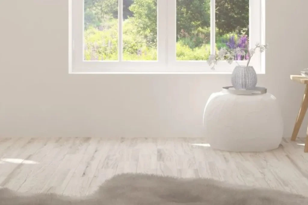 Modernes Zimmer mit einem großen Fenster, einem Tisch mit Accessoires und einem leichten, flauschigen Teppich auf dem Boden.