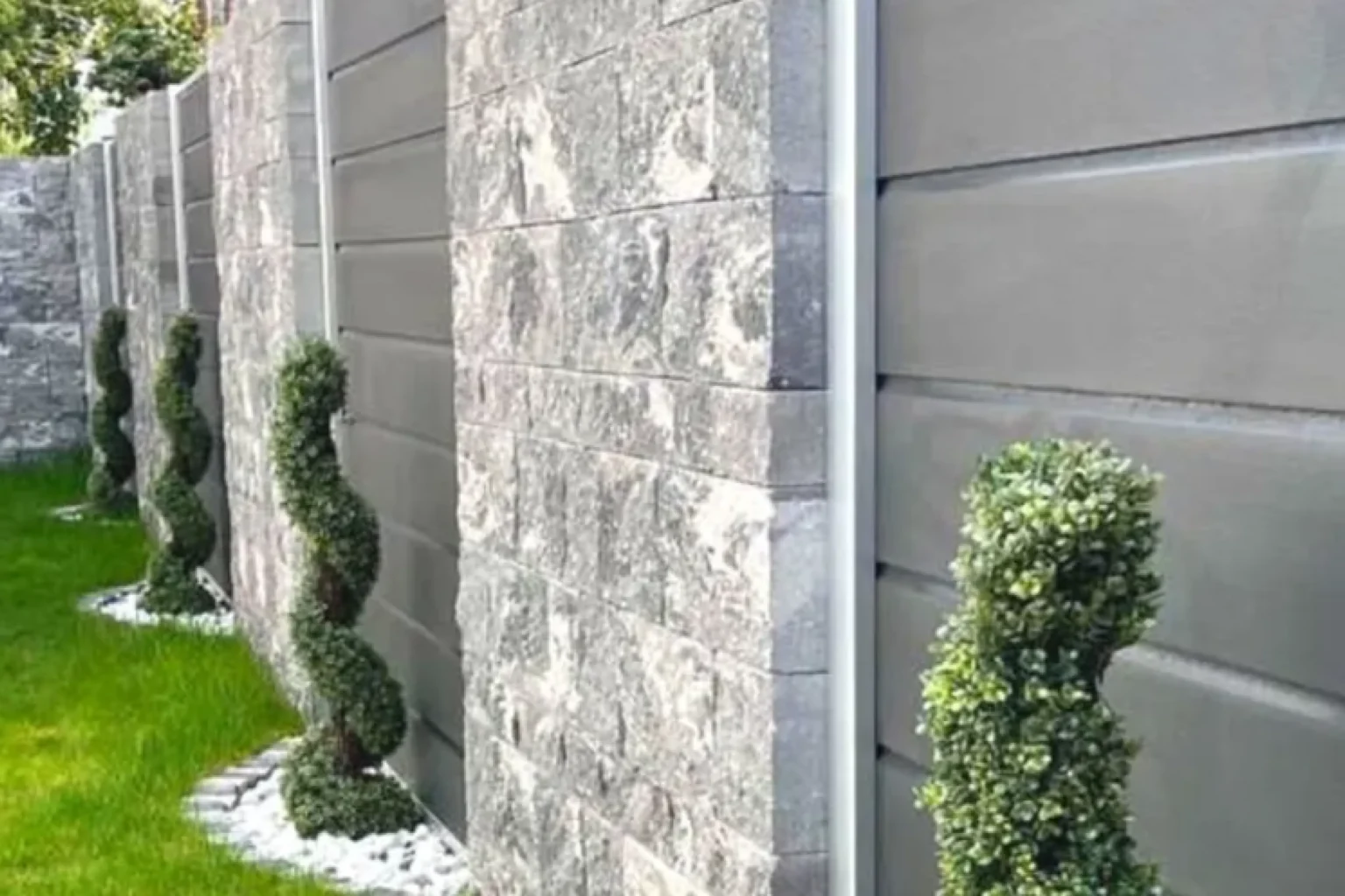 Sauber getrimmte Spiralsträucher neben einem grauen Stein- und Metallzaun in einer Gartenanlage.