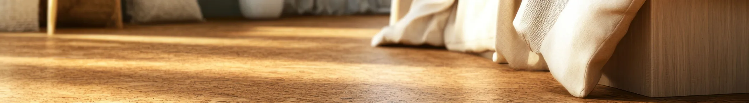 Vom Sonnenlicht beleuchteter Korkfußboden neben beigen Vorhängen in einem sanft beleuchteten Rauminneren.