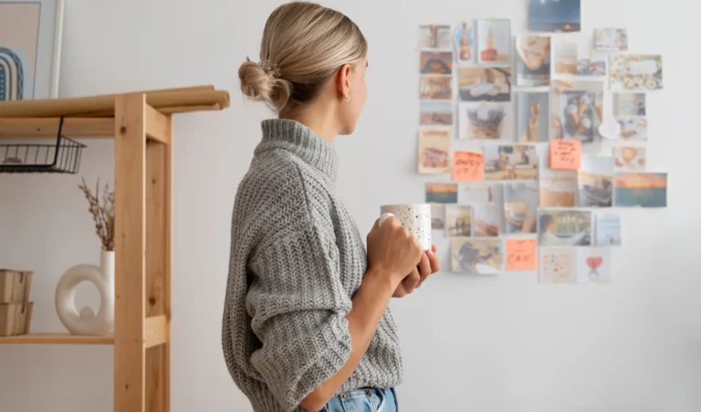 Eine Person mit blondem Haar, das zu einem Dutt gebunden ist, steht vor einer Wand, die mit verschiedenen Fotografien und Haftnotizen bedeckt ist. Sie hält eine gesprenkelte Tasse in der Hand und trägt einen grauen Strickpullover sowie Jeans. Auf der linken Seite des Bildes ist ein hölzernes Regal teilweise sichtbar. Die Umgebung wirkt kreativ und persönlich gestaltet, wobei die Anordnung der Bilder und Notizen auf individuelle Interessen oder Planungen hingewiesen wird.
